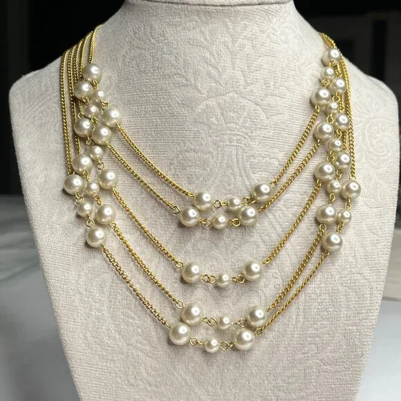 RARE Gorgeous Vintage 5 Strand Imitation Pearl Swag Statement Necklace - Picture 2 of 3